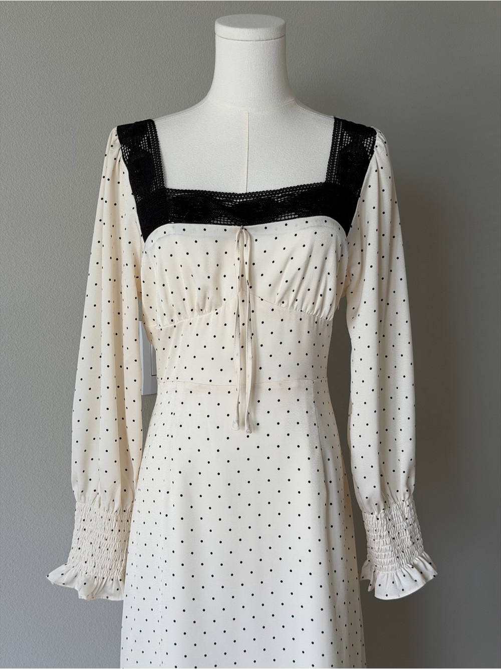 Simple Retro Mazie Long Sleeve Polka Dot Square Neck Midi Dress Lace Trim Cream - Picture 3 of 16
